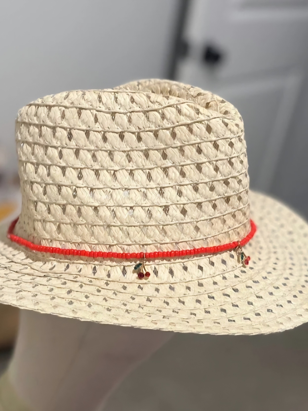 Cream Straw Fedora with Red Beaded Band and Cherry Charms